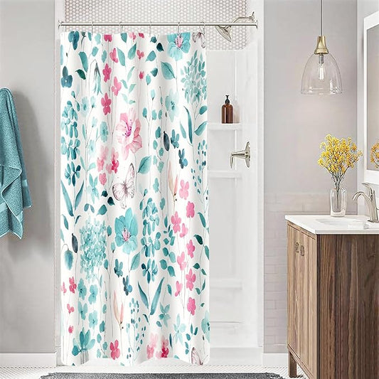 Small Stall Shower Curtain 36 x 72 Inch, Half Narrow Teal Pink Floral Shower Curtains for Bathroom, Watercolor Flower Butterfly Fabric Shower Curtain Set with Hooks