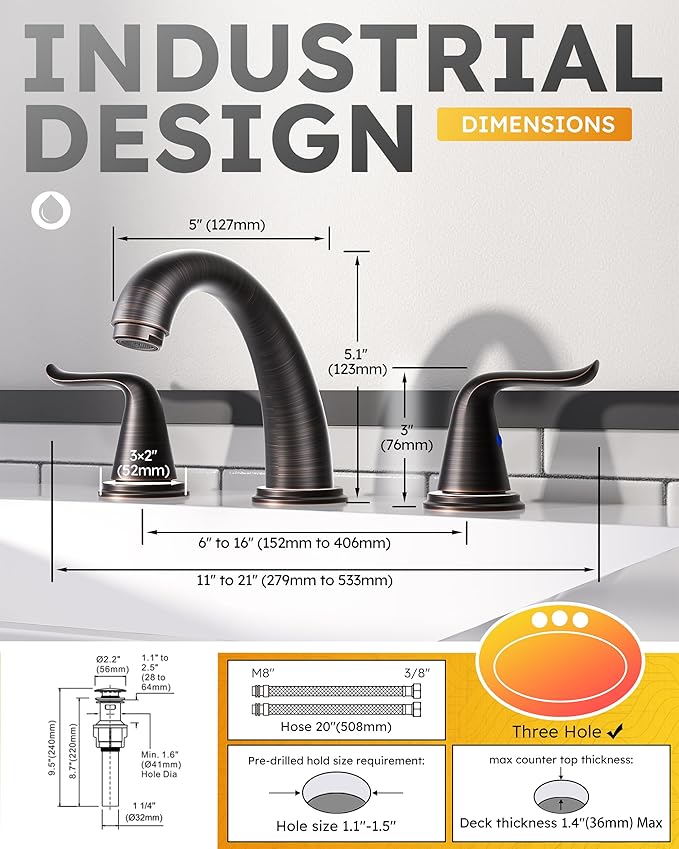 WOWOW Widespread Bathroom Faucet Oiled Rubbed Bronze Bathroom Sink Faucet 3 Hole Vanity Faucets 2 Handle Basin Faucet 8 Inch Mixer Tap with Pop Up Drain and Supply Hose