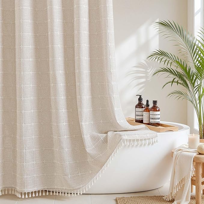RiverDream Farmhouse No Hooks Shower Curtain with Snap-in Liner,Linen,71x74 | Snap on Fabric Liner,Heavy Duty,Quick Dry,Mesh Top Window,With Bottom Magnets,Washable,with Tassels,Standard Size