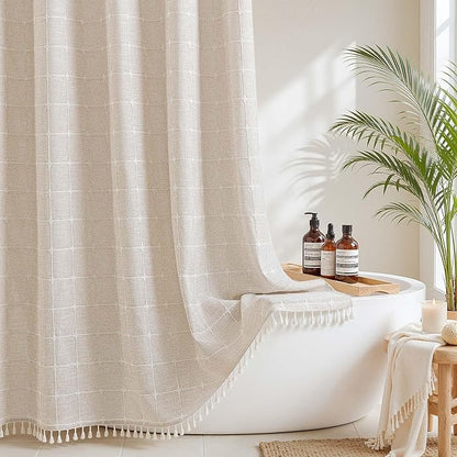 RiverDream Farmhouse No Hooks Shower Curtain with Snap-in Liner,Linen,36x74 | Snap on Fabric Liner,Heavy Duty,Quick Dry,Mesh Top Window,With Bottom Magnets,Washable,with Tassels,Stall Size