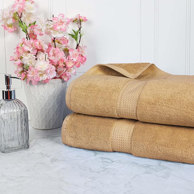 SUPERIOR Egyptian Cotton Pile Heavyweight Bath Sheet, 2 Piece Set, Toast | Highly Absorbent, Ultra Soft Luxury 800 GSM Towel Set for Bathroom, Shower, Hotel Essentials Oversize Plush Madeline Towels