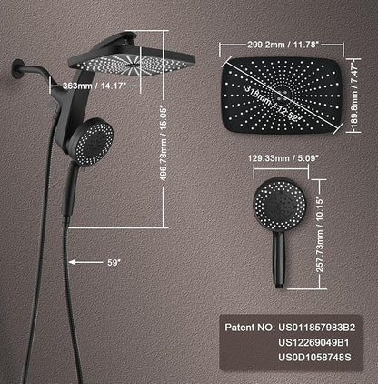 12" High Pressue Rain Shower Head with Handheld, 9 Sprays Hand Showerhead | Shower Heads with Handheld Spray Combo, Dual Head, Built-in Magnetic Docking, Power Jets, 59" Shower Hose, Black 1.8GPM