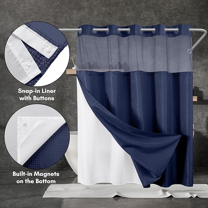 Americanflat 72x75 Hookless Waffle Pattern Shower Curtain - Water-Resistant Long Shower Curtain with Sheer Panel, Snap-in Liner, and Durable Grommets - 100% Polyester - Blue