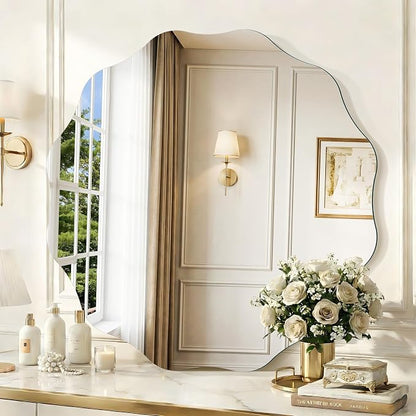 CILIBER Wavy Mirror for Wall, 30'' Scalloped Frameless Round Mirror, 3mm Tempered Glass Decorative Bathroom Vanity Mirror, Mounting/Leaning for Mantel, Living Room, Bedroom and Entryway