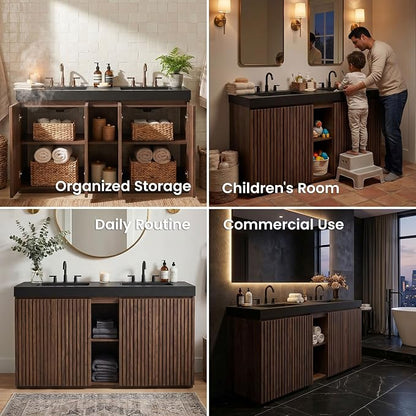 60" Double Bathroom Vanity with Sink (8" Widespread Faucet Holes Predrilled), Mid Century Modern Bathroom Cabinet with 4 Doors & Shelves, Matte Black Sink with Overflow, Walnut