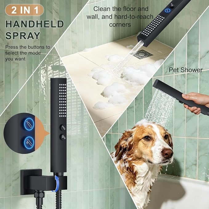Rain Shower System with Rough-in Valve, Wall Mount Shower Faucet Set with 12" & 6" Dual Rain Shower Heads, 2-in-1 Handheld Shower, Tub Spout, 4-Function Complete Shower Fixture, Matte Black