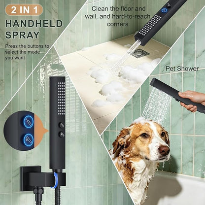Rain Shower System with Rough-in Valve, Wall Mount Shower Faucet Set with 12" & 6" Dual Rain Shower Heads, 2-in-1 Handheld Shower, Tub Spout, 4-Function Complete Shower Fixture, Matte Black