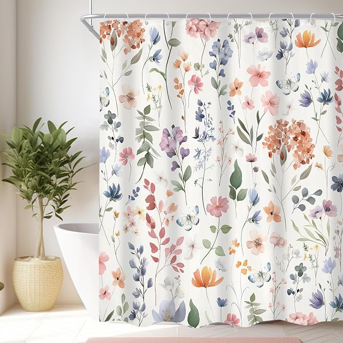 Colorful Boho Flower Girly Wildflower Floral Bathroom Shower Curtain Set | 60"W x 72"H Plants Botanical; waterproof HD print, quick-dry fabric and plastic hooks for easy setup.