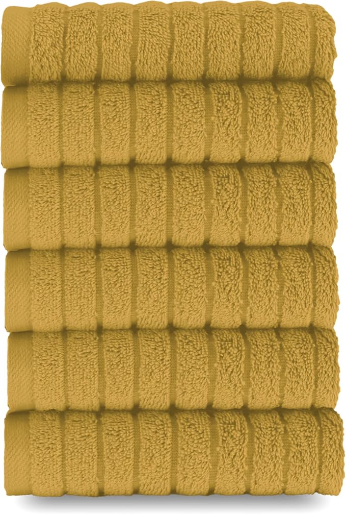 Elegant Comfort 100% Turkish Cotton Corduroy Ribbed Luxury Washcloths 6 Pack Soft 13 x 13 Inch - Higly Absorbent, Durable, Quick Dry, Spa Premium Hotel Quality for Bathroom or Travel, Gold
