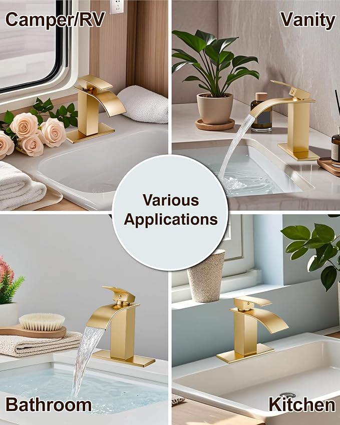 Midanya Waterfall Bathroom Faucet 1 Hole,Brushed Gold | with 24” Hoses,Pop Up Drain,6” Deck Plate,for 1 or 3 Hole Vanity,Lavatory,RV,Single Handle Bathroom Sink Faucet,NSF Certified