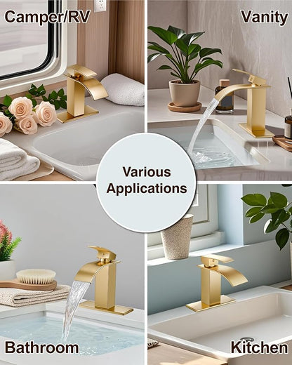 Midanya Waterfall Bathroom Faucet 1 Hole,Brushed Gold | with 24” Hoses,Pop Up Drain,6” Deck Plate,for 1 or 3 Hole Vanity,Lavatory,RV,Single Handle Bathroom Sink Faucet,NSF Certified