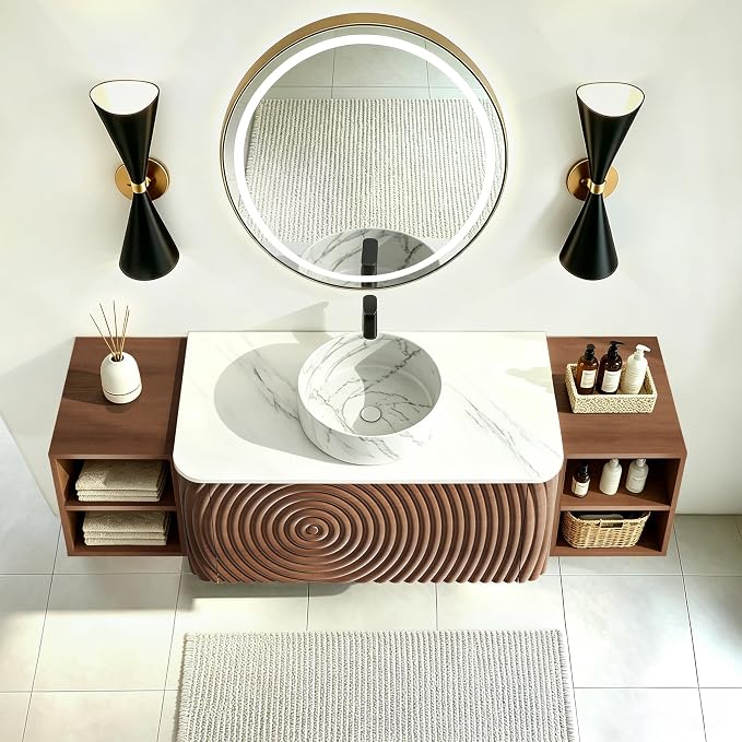 60" Floating Bathroom Vanity with Sink, Mid-Century Wall Mounted Bathroom Vanity Cabinet with Wood Waved Decor,Marble Ceramic Basin and Sintered Stone Top, Soft Close Drawer, 2 Side Open Cube