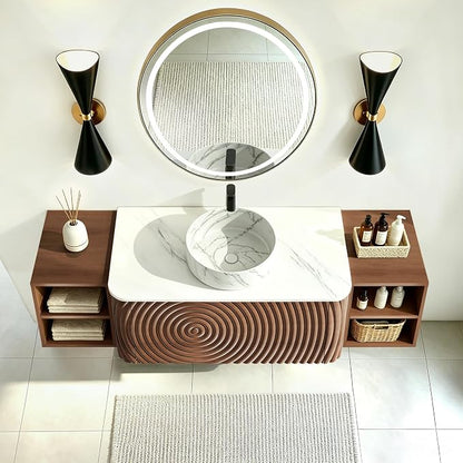 60" Floating Bathroom Vanity with Sink, Mid-Century Wall Mounted Bathroom Vanity Cabinet with Wood Waved Decor,Marble Ceramic Basin and Sintered Stone Top, Soft Close Drawer, 2 Side Open Cube