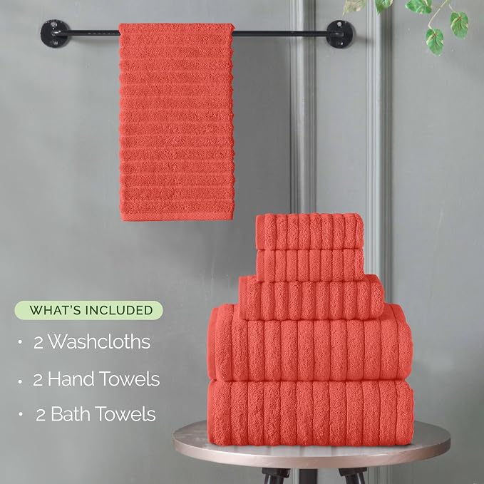 Elegant Comfort 100% Turkish Cotton Corduroy Ribbed Luxury Bath Towels 6-Piece Set, Premium Feel - Quick Dry, Highly Absorbent, Contains 2 Bath Towels, 2 Hand Towels, and 2 Washcloths, Coral