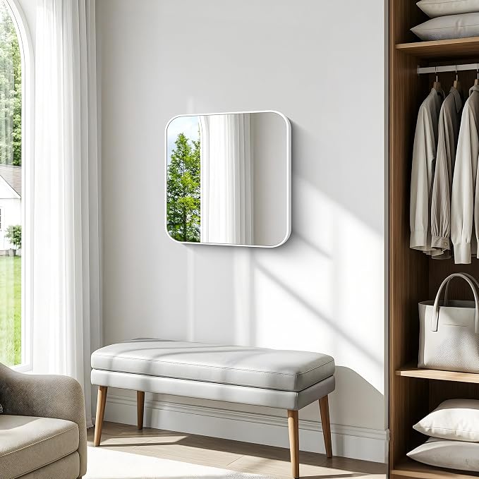 BONEWEI White Bathroom Mirror,24x24 inch Wall Mirror for Bathroom Wall Mounted,Rectangle Mirror for Bathroom Over Sink,Modern Frame Round Corner for Living Room,Bedroom Entryway,Horizontal/Vertical
