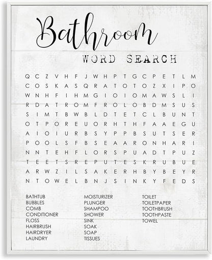 Art Piece 'Bathroom Word Search Family Fun', Framed Giclee Art, White, 11 x 14 - Sturdy Block Frame Ready to Hang -Proudly Made In USA (Johnston, RI) - Design By: Lil' Rue