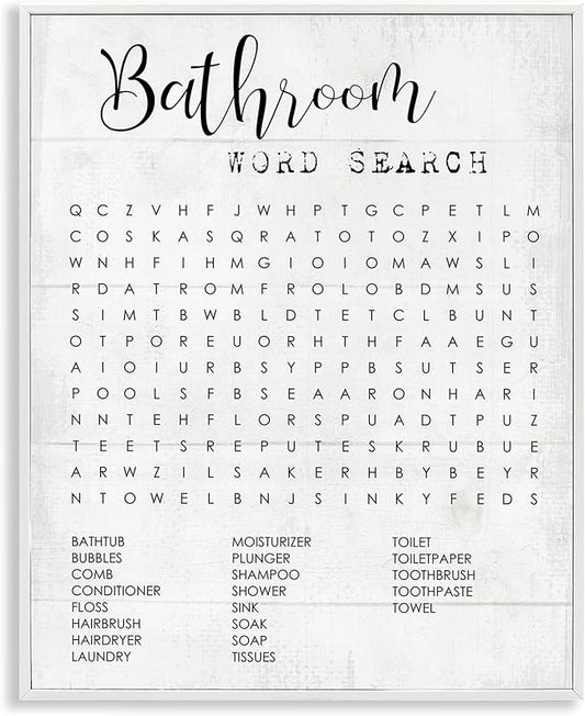 Art Piece 'Bathroom Word Search Family Fun', Framed Giclee Art, White, 11 x 14 - Sturdy Block Frame Ready to Hang -Proudly Made In USA (Johnston, RI) - Design By: Lil' Rue