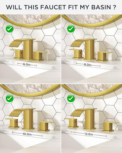 FORIOUS Brushed Gold Bathroom Faucets 3 Hole, Waterfall Square 8 Inch Widespread Bathroom Sink Faucet with Metal Pop-up Drain and Supply Lines, Two Handles for Vanity, Bath, Farmhouse