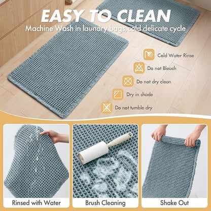MIULEE Set of 2 Waffle Bathroom Rugs Boho Bath Mat Dusty Blue 17x24 Inch | Non Slip, Super Absorbent, Washable, Ultra Soft, Rubber Backed, Small Bath Rugs for Bathroom Floor Tub Shower