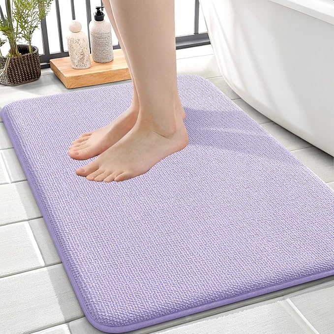 OLANLY Memory Foam Small Bathroom Rugs 24x16, Absorbent Bath Mat, Lavender | Soft Quick Dry Bath Rugs, Non-Slip Carpet, Machine Washable Mat for Bathroom Floor, Tub and Shower, Home Decor Accessories