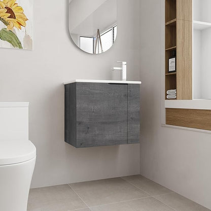 22 Inch Bathroom Vanity with Sink, 22" Wall Mounted Vanity Sink Combo for Small Space, Modern Bathroom Cabinet Set with Ceramic Basin Sink Top and Soft-Closing Door, Plaid Grey Oak