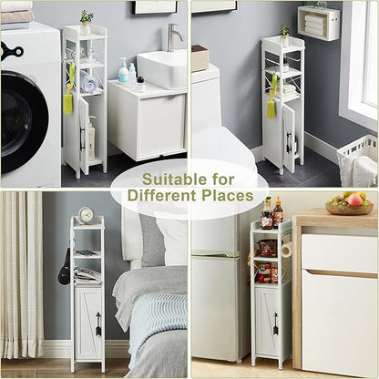 VECELO Small Bathroom Cabinet,Slim Toilet Paper Holder with Door&2 Shelves, Upgraded Narrow Storage Organizer for Restroom Bathroom Tiny Space,Metal Scroll Fenced Top Waterproof Coating,White