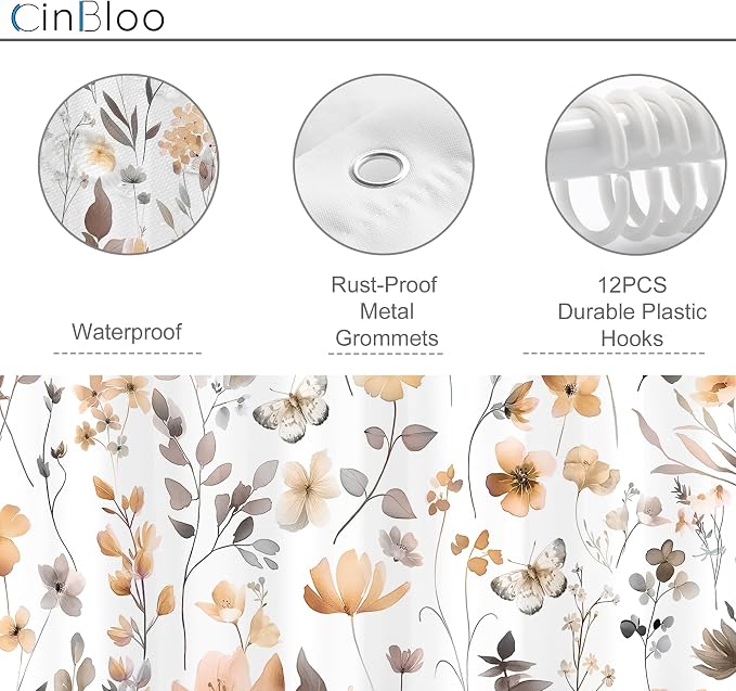 Cute Floral Orange Flower Watercolor Wildflower Bathroom Shower Curtain Set | 72"W x 72"H Butterfly Plants; waterproof HD print, quick-dry fabric and plastic hooks for easy setup.