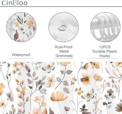Cute Floral Orange Flower Watercolor Wildflower Bathroom Shower Curtain Set | 72"W x 72"H Butterfly Plants; waterproof HD print, quick-dry fabric and plastic hooks for easy setup.