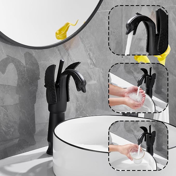 Matte Black Swan Shape Single Handle 1Hole Bathroom Vessel Sink Faucet Deck Mount Lavatory Sink Faucet