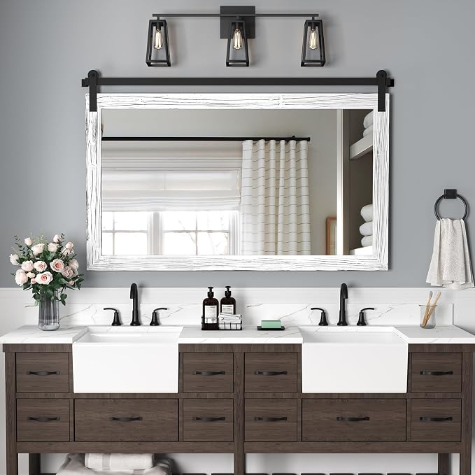 COGOOD Farmhouse Bathroom Mirrors for Over Sink - 30 x 49 White | Rustic Barn Door Wood Framed Vanity Mirror for Entryway, Living Room, Bedroom, Dresser Wall Decor