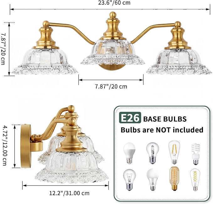 Brass Bathroom Light Fixtures Over Mirror, 3 Light Vintage Bathroom Vanity Light Fixture with Clear Flower Glass Shades, Retro Gold Wall Sconce E26 Vanity Lights for Bathroom Living Room