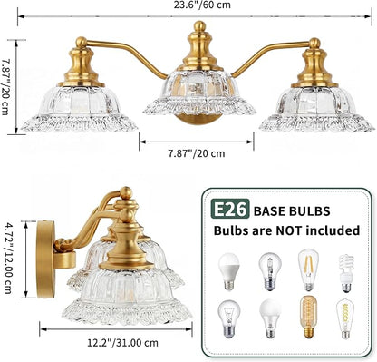 Brass Bathroom Light Fixtures Over Mirror, 3 Light Vintage Bathroom Vanity Light Fixture with Clear Flower Glass Shades, Retro Gold Wall Sconce E26 Vanity Lights for Bathroom Living Room