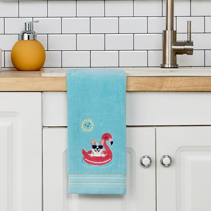 SKL Home Floating Corgi Hand Towel 2pc Set for Bath/Kitchen/Bar & Gift, Aqua