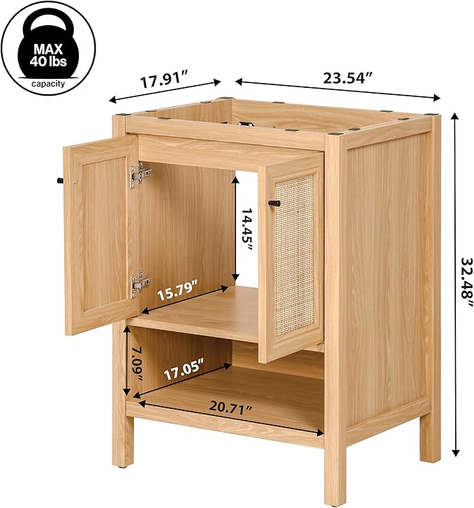 JONATHAN Y VAN1023A Jasper 24 in. W x 18 in. D x 33 in. H Rattan Modern Coastal 2-Shelf Bathroom Vanity Cabinet Only with Soft Closing Doors (Sink Basin Not Included), Oak