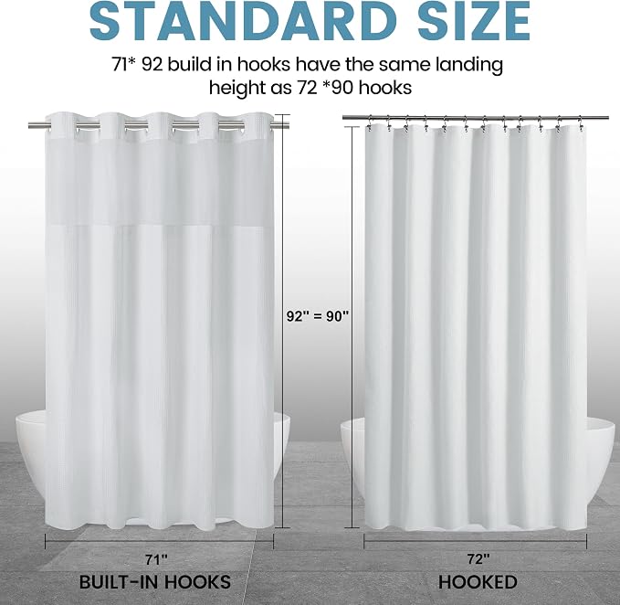 EUTXL Heavyweight No Hook Shower Curtain with Liner, White,71x92 | Snap in Liner, 256GSM Thick Waffle Fabric, Hotel Luxury Spa, Corner Magnets, Quick Dry, Waterproof & Washable, Extra Tall