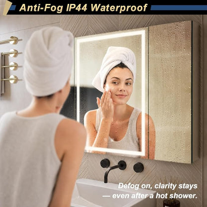 40*28 inch Three-door Aluminum LED Lighted Bathroom Medicine Mirror Cabinet | Light Adjustable, Sockets & USBs inside, Anti-Fog, Easy to Install