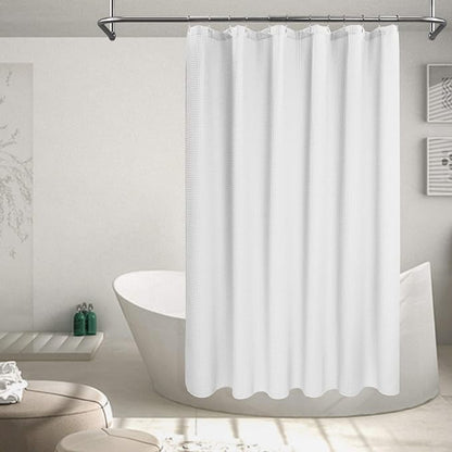 Barossa Design Fabric Shower Curtain Cotton Blend 96 Inch Extra Long, Honeycomb Waffle Weave, Hotel Luxury, Heavyweight, Spa, Washable, White, 72x96