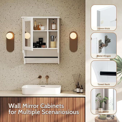 ALIMORDEN Medicine Cabinet, Bathroom Wall Cabinet with Towel Bar, Adjustable Shelves, Wall Mounted Bathroom Mirror, 19.68" D x 7.7" W x 24.2" H, White