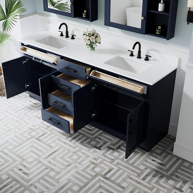 80-Inch Bathroom Vanity with Double Sinks W/ 4 Doors & 4 Drawers & 2 Flip Drawers, Navy Blue Vanity W/Matte Black Handles
