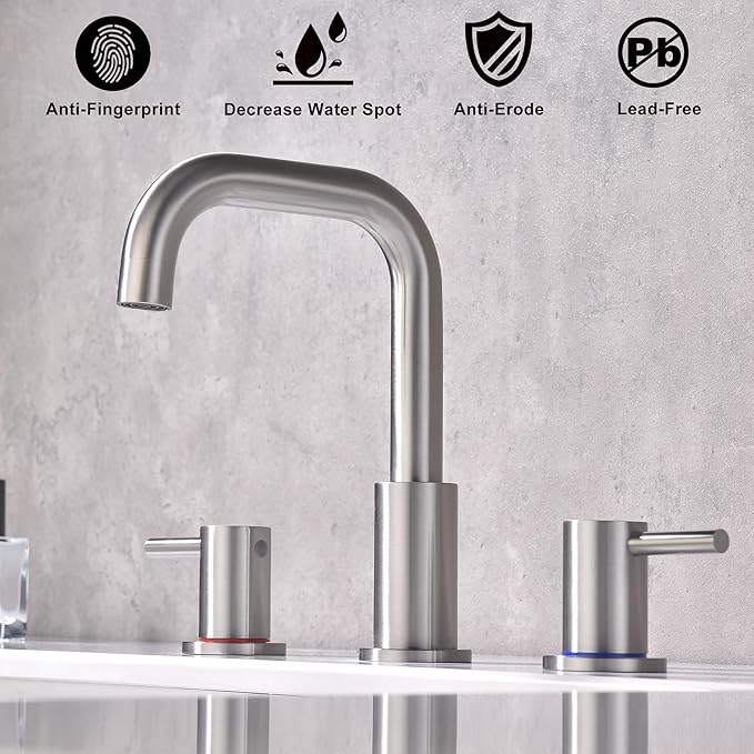 Brushed Nickel Bathroom Faucet 3 Hole, Widespread 8 in Bathroom Faucet for Sink with Pop Up Drain and Supply Lines, Stainless Steel 2 Handle Satin Nickel Sink Faucet Bathroom