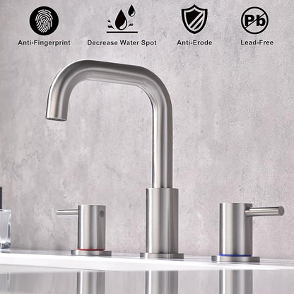 Brushed Nickel Bathroom Faucet 3 Hole, Widespread 8 in Bathroom Faucet for Sink with Pop Up Drain and Supply Lines, Stainless Steel 2 Handle Satin Nickel Sink Faucet Bathroom