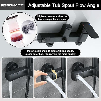 RBROHANT Exposed Shower System with Tub Spout, Matte Black Exposed Pipe Shower Faucet with 3 Functions Brass Shower Valve, Shower Height Adjustable, Wall Mounted