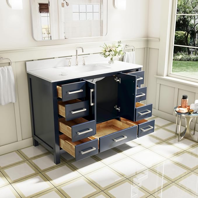 48-Inch Bathroom Vanity with Sink, 2 Soft-Close Doors and 9 Soft-Close Drawers, Bathroom Freestanding Vanity with Cultured Marble Countertop, Navy Blue Vanity with Brushed Nickel Handles