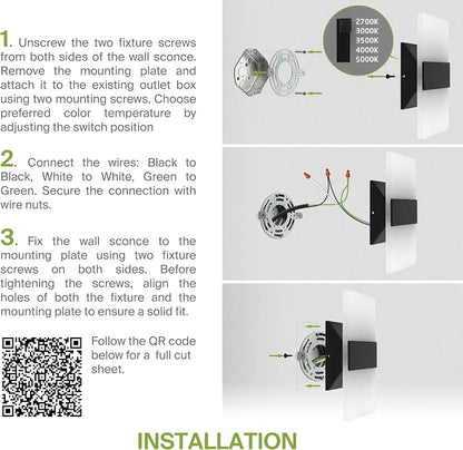ASD 8 Inch Indoor LED Wall Sconce - 10W 2700K-5000K Dimmable Black Wall Sconce Lights for Living Room, Bedroom, Bathroom, Hallway - Modern Wall Sconces Hardwired, ETL Interior Light