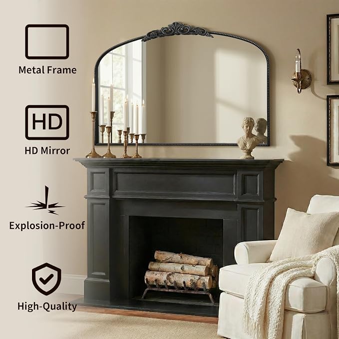 Micasso Large Vintage Black Mirror: 48"x33" Baroque Antique Wall Mirror | Traditional Ornate French Decorative Arched Mirror for Bedroom/Bathroom/Fireplace/Entryway/Hallway/Living Room/Dining Room