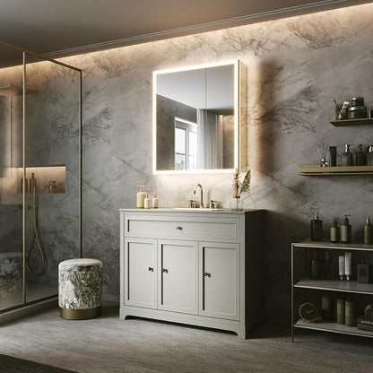 28x32 Lighted Medicine Cabinet, Separate Front & Back Lights | Surface/Recessed LED Medicine Cabinet for Bathroom with Side Mirrors, Dimmable Light, Anti-Fog, Memory,Silver Aluminum Frame