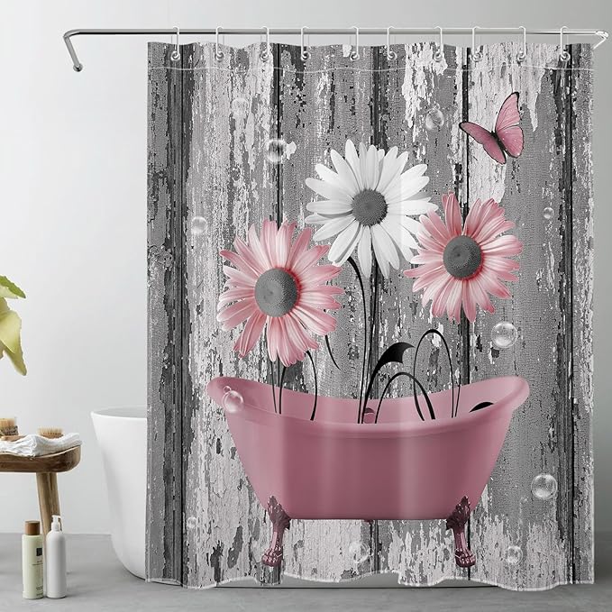 HVEST Farmhouse Floral Shower Curtain for Bathroom Pink and White Daisy Flower and Butterfly in Bathtub on Rustic Wood Shower Curtain with Hooks Country Bathroom Shower Curtain Sets,72L X 60W inch