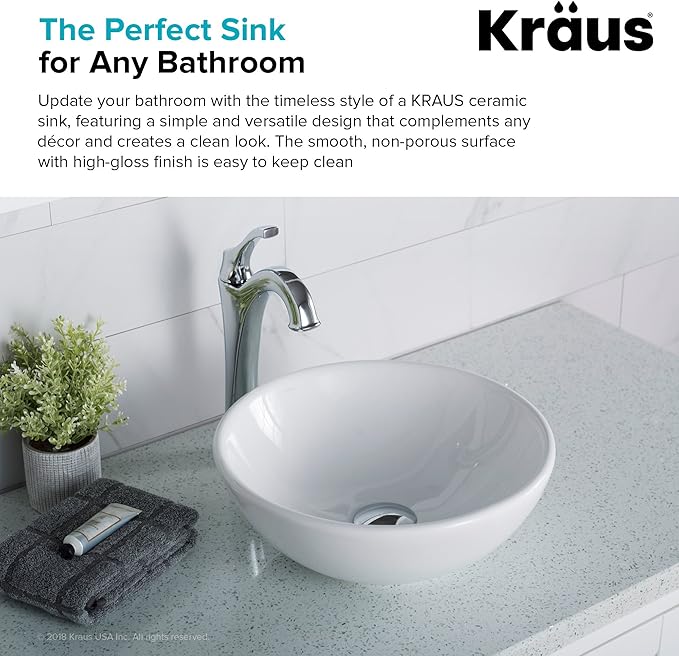 KRAUS Elavo Round Vessel White Porcelain Ceramic Bathroom Sink, 14 inch KCV-341