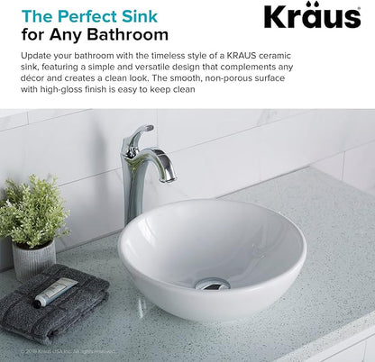 KRAUS Elavo Round Vessel White Porcelain Ceramic Bathroom Sink, 14 inch KCV-341