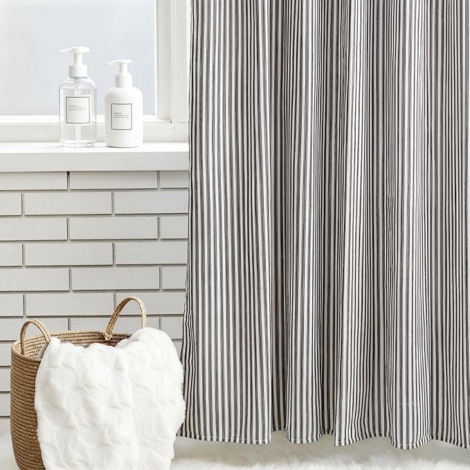 Stripe Cotton Toile Shower Curtain Ticking Stripe Woven Print Curtain Bathroom Decor for Traditional and Contemporary Style Kitchen Bath Home(Black and White,72 x 72 Inches)